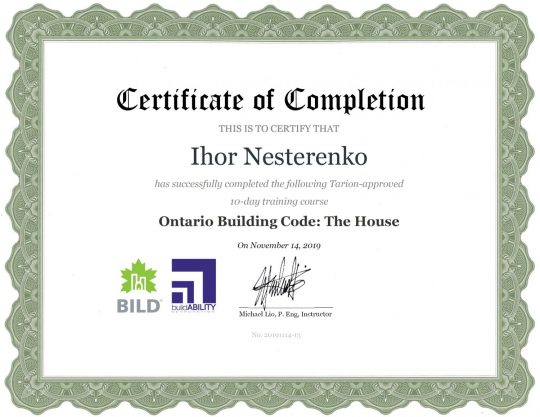 Certificate – Ontario Building Code The House Certificate – Ontario Building Code The House