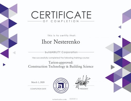 Certificate – Tarion Approved Construction Technology Buidling Science Certificate – Tarion Approved Construction Technology Buidling Science