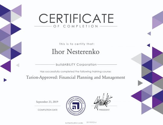 Certificate – Tarion Approved Financial Planning and Management Certificate – Tarion Approved Financial Planning and Management