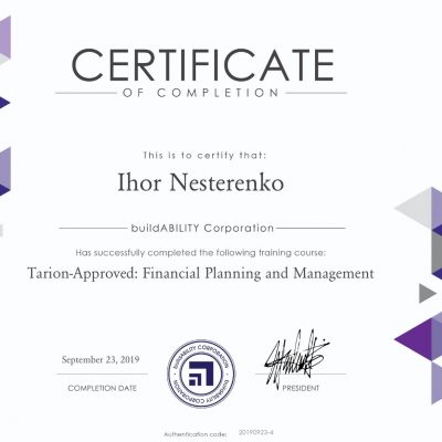 Tarion Approved Financial Planning and Management certificate