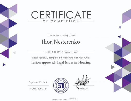 Certificate – Tarion Approved Legal Issues in Housing Certificate – Tarion Approved Legal Issues in Housing